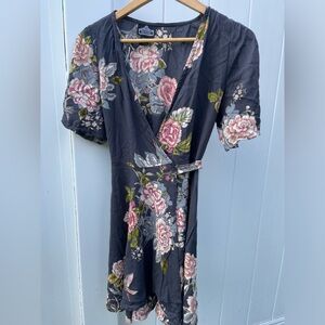 S Blue Floral Mini Wrap Dress with Butterfly Sleeves by Angie